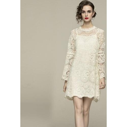 Women Spring Summer Elegant Lace Hollow Out Dress High Quality Vintage Femme Flare Sleeve Designer Short Party Robe Vestidos