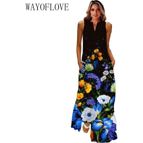 WAYOFLOVE Flowers Print Dress Summer Holiday Beach Casual Elegant Vintage Dresses Woman Party V Neck Sleeveless Long Dress Women