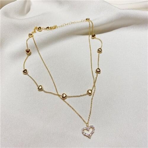 Gold Double layer Heart Chocker Necklace Shining Bling Zircon Women Clavicle Chains Elegant Charm Wedding Pendant Jewelry