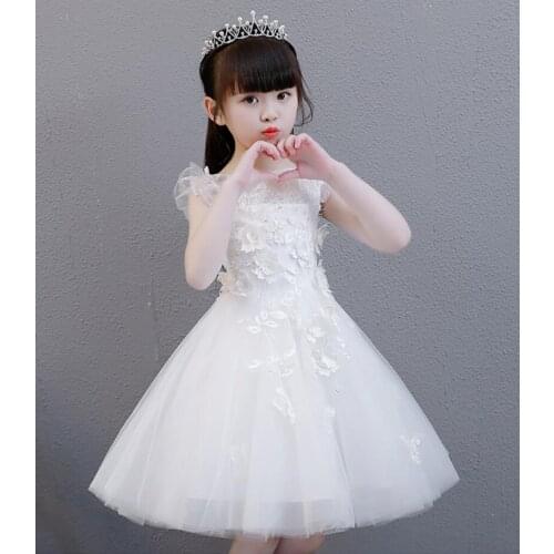 2018 White Lace Princess Dress Birthday Party Wedding Appliques Ball Gown Dress Elegant Formal Girls First Communion Tutu Dress