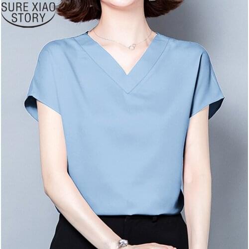 2021 Summer Casual Women Plus Size Blouses Shirts Solid Short Sleeve V-neck Soft Silk Satin Tops Blouse Temperament Blusas 9853