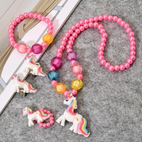4Pcs/set Unicorn Pendant Necklace Bracelet Earring Set for Kids Girls Cartoon Cute Childrens Jewelry Gift Set