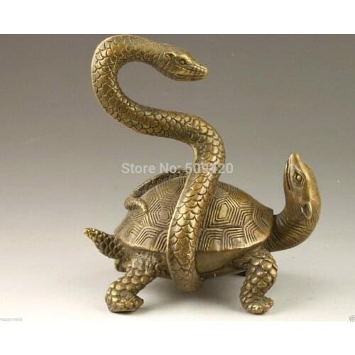5.5"Vintage Handmade Collection Bronze Vivid Tortoise Snake Statue Entanglement Feng Shui Xuanwu 14cm
