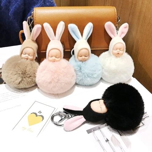 Plush Keychain Doll Toys For Girls Bag Kpop Accessories Soft Rabbit Key Ring Sleeping Baby Dolls Kawaii Keychain Plush Trinket