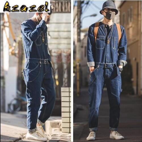 Azazel Denim Coverall Men jeans American style jumpsuit Long sleeve mens loose jeans casual washed straight pants tide Overalls