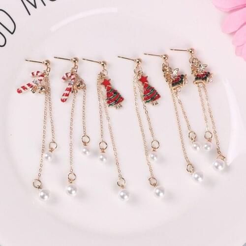 DIY Christmas Earring For Women Girl Bell Crutch Pendant Long Chain Pearl Tassel Earrings Charm Jewelry Xmas Gift Dropshipping