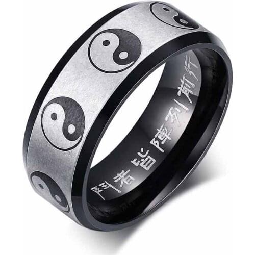 EAMIOR 8 mm Classic Chinese Style Tai Chi Gossip Men Ring Black 316 L Stainless Steel Polish Anniversary Accessory Jewelry Gift