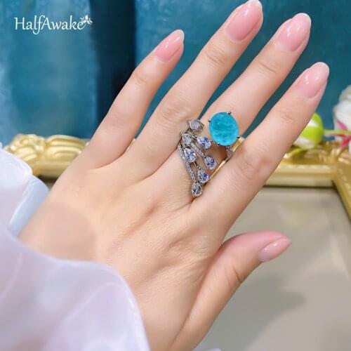 Korean Version Of Ins Tide Fashion Popular Paraiba Real Gold Womens Ring Mothers Day Gift Banquet Party Jewelry Gem Ring