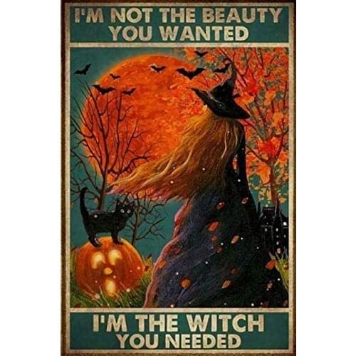 Cat and Halloween Witch I'm Not The Beauty You Wanted Tin Sign Retro Style Miller Beer Bar Den Halloween Painting Metal