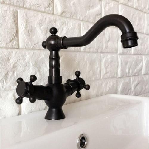 Black Oil Rubbed Brass Dual Cross Handles One Hole Bathroom Kitchen Basin Sink Faucet Mixer Tap Swivel Spout Deck Mounted mnf360