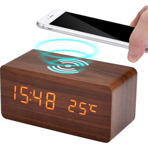 LED Wooden Alarm Clock Table Voice Control With Wireless Charging For Iphone Samsung