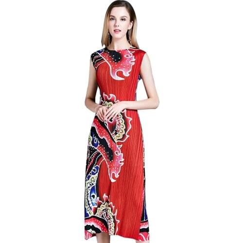 Summer Miyake Pleats Dress New Sleeveless Printed Skinny Chiffon Dress