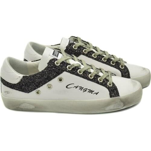 CANGMA Luxury Brand White Designer Sneakers Men Casual Shoes Old Skool Genuine Leather Black Glitter Shoes Male