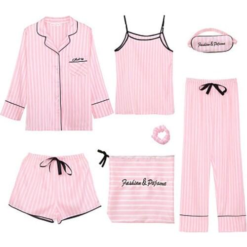 2021 home sexy Four Piece Pajamas suit high quality sexy underwear womens fashion ice silk suit Pink Stripe cute