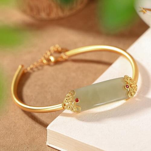 S925 Sterling Silver Natural Hetian Jade Gray Jade Bracelet Personality Vintage Court Style Ruyi Hollow Pattern Bracelet Jewelry