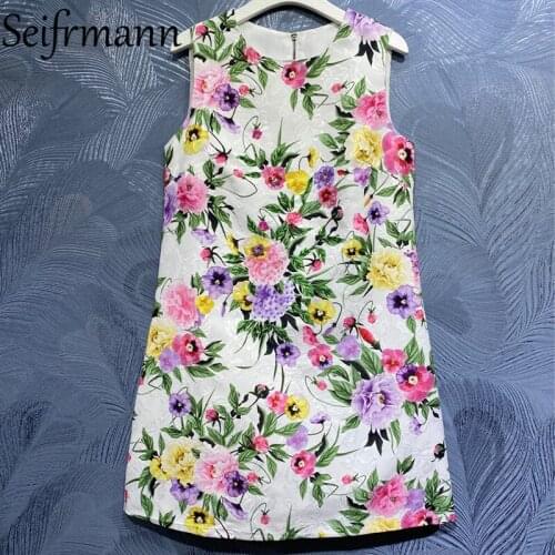 Seifrmann New 2021 Summer Women Fashion Runway Party Mini Dress Sleeveless Gorgeous Crystal Beading Floral Print A-Line Dresses