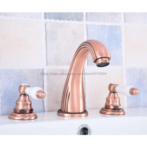3 Hole Antique Red Copper Deck Mounted Bathroom Mixer Tap Bath Basin Sink Vanity Faucet Water Tap Bath Faucets Nsf538