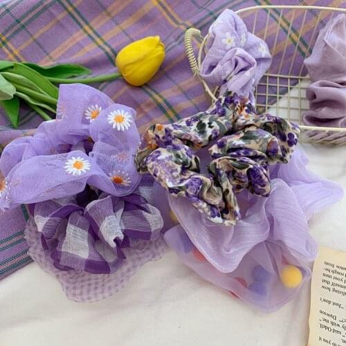 2020 Summer Purple Chiffon Flower Scrunchie Women Girls Elastic Hair Rubber Bands Accessories Tie Hair Ring Rope Holder Headwear