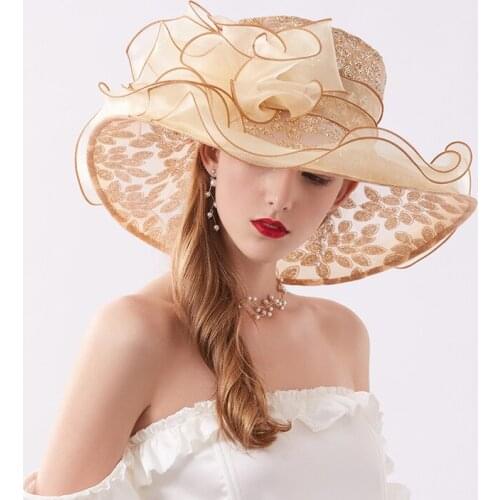 Ladies Women Church Hats Summer Large Wide Brim Fedora Hat Organza Hat Beach Sun Hat