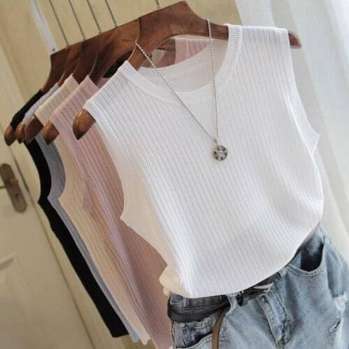 Women Summer Crop Top Sleeveless O-neck Knitted Vest Solid Blusas Mujer De Moda Spring Casual Tank Tops 2021
