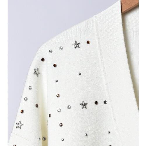 Women Star Rivet Sweater V-neck Loose Sweet Long-sleeved White Double Pockets 2021 Autumn Winter New Ladies Knit Cardigans