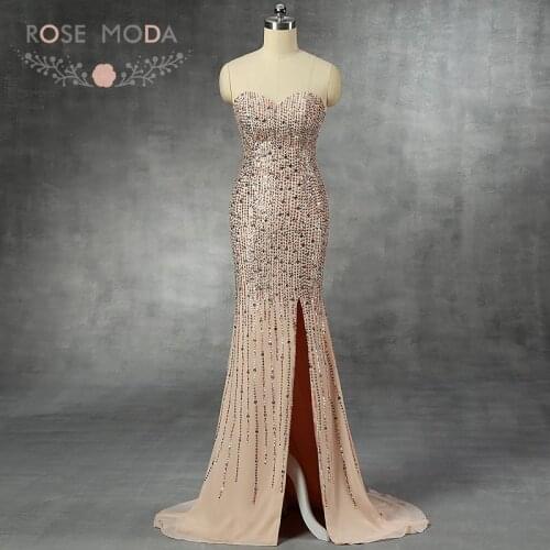 Rose Moda Sweetheart Dazzling Crystal Nude Prom Dress with Front Slit Reflective Dresses 2019