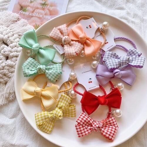 1pair Sweet Bow Plaid Pearl Girl Kid Elastic Hair Bands Tie Rope Ring Accessories Headwear