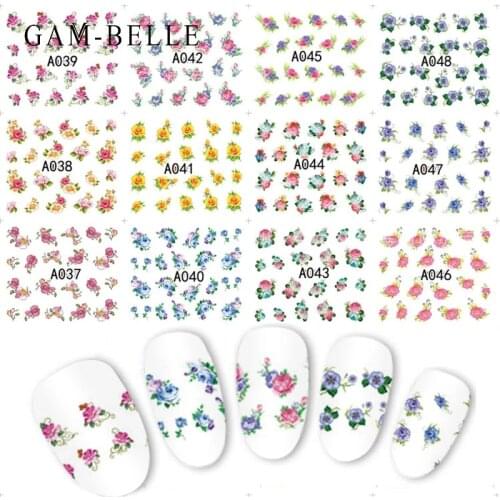 GAM-BELLE 12 Sheets/Lot Nail Stickers Mix Color Flower Rose Christmas Nail Art Decorations Manicure Nail Decals Foil Design