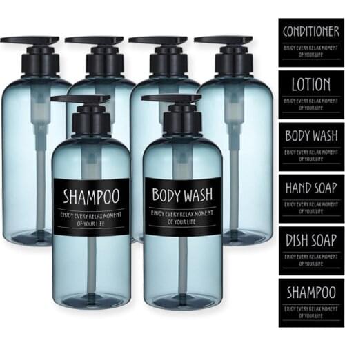 6Pack Soap Dispenser Bottle Refillable Shower Shampoo Conditioner Bottles with Labels for Kitchen/Bathroom 500ml