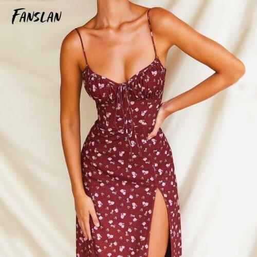 Fanslan Rose Floral Print Bodycon Dresses Party Club Sexy Midi Dress Casual Spaghetti Strap Strapless Split Red Vestido Feminino
