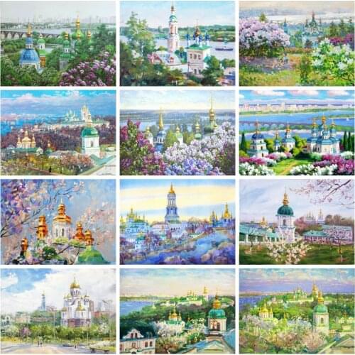 HUACAN Full Square Drill Diamond Embroidery Church Cross Stitch Diamond Painting Landscape Garden Mosaic Rhinestone Kit Wall Art