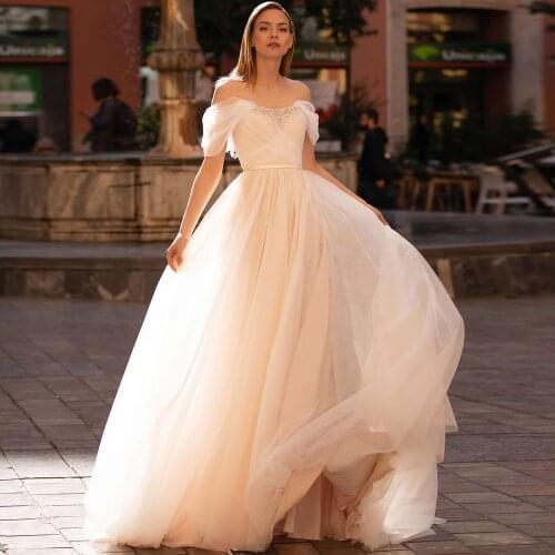 Amazing Off-the-shoulder Bohemian Wedding Dress Custom Made Beaded Soft Tulle A-line Corset Bridal Gown Robe de Mariage