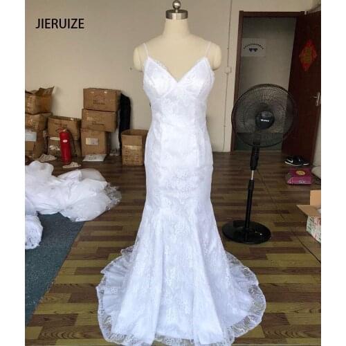 JIERUIZE White Lace Low Back Mermaid Wedding Dresses Spaghetti Straps Backless Boho Wedding Gowns Real Dress vestido de noiva