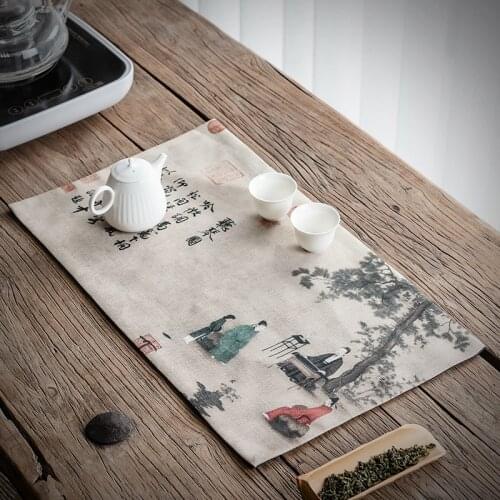 Chinese Style Cotton Linen Fabric Tea Table Tea Mat Printing Zen Waterproof Table Runner Dry Pour Tea Towel Mat Chinese Style