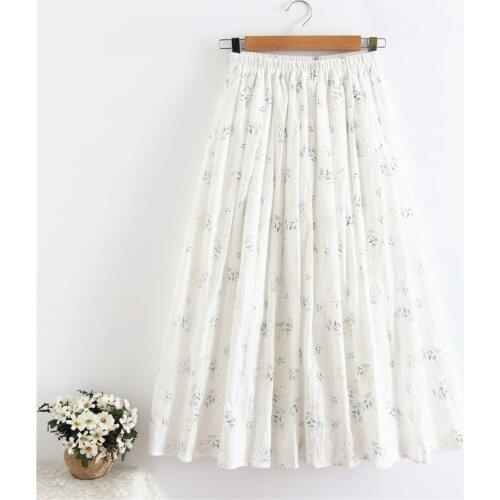 Makuluya Chic Mori Women Cotton Linen Small Floral Thin Female Dots Elastic Waist Pleated Skirt A-Line Girls Office Lady L6