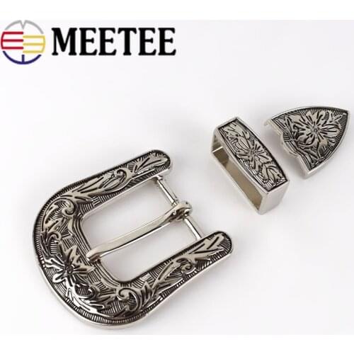Meetee 1set(3pcs)26mm Pin Belt Buckle Vintage Carve Pattern Alloy Buckles for Women Men DIY Jeans Waist Bands LeatherCraft YK203