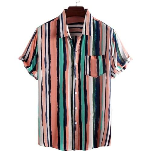 Fashion Striped Color Block Shirt Mens Korean Premium Slim Harajuku Rainbow Striped Color Block Short Sleeve Shirt Mens Shirt