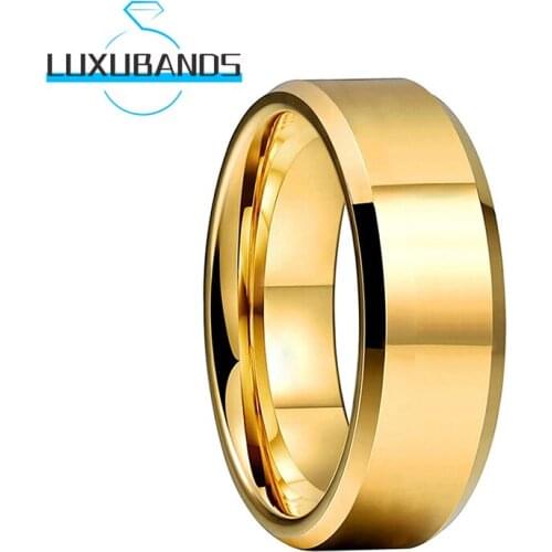Mens Wemen 8MM Gold Tungsten Wedding Rings Beveled Edges Engagement Bands Polished Finished Comfort Fit