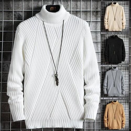 2021 New Winter Mens Solid Color Turtleneck Pullover Mens Long Sleeve Striped Sweater Korean Style Fashion Warm Knitted Sweater