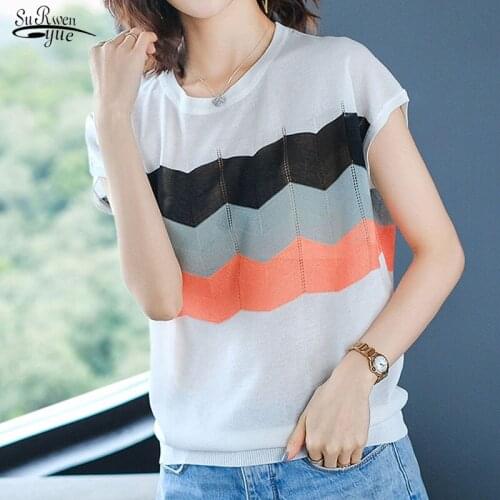 2021 Summer New Style Candy Color Striped Blouse Korean Women Short Sleeve Clothes Thin Knitted Pullover Ice Silk shirt 9627