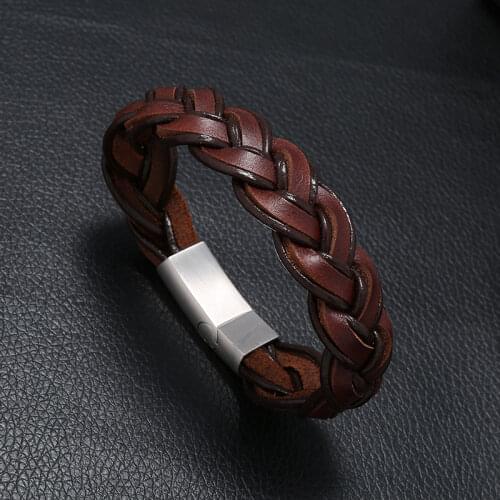 2019 New Design Handmade Braided Genuine Leather Bracelet & Bangle for Men Stainless Steel Fashion Bangles Gifts