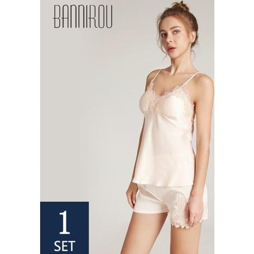 BANNIROU Sexy Pyjamas For Women Lace Pajama Set Silk Pajamas Womens Sleepwear Home Clothes Summer Free Shipping Dropshipping