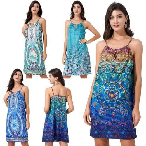 Dress Women Summer Halter Metal Decor Neckline Floral Print Dress Holiday Travel Casual Sleeveless Spaghetti Strap Mini Dresses