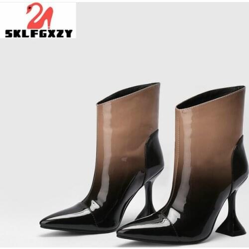 SKLFGXZY 2021 Patent Leather Women Ankle Boots Inner Warm Plush Short Boot High Heel Ladies Shoes Boots Feminina