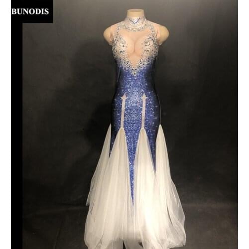 ZD389 Women Sexy Violet Star Diamond White Net Yarn Long Skirt Sleeveless Sparkling Crystals Clothed Nightclub Party Stage Wear