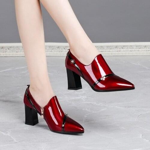 Pop New Autumn Shoes Woman High Heels Womens Pumps Soft Patent Leather Shoe Thick Heel Vogue Pointed toe Deep BLACK Wine-red