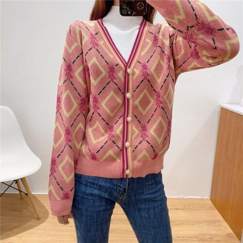 Contrast Color Plaid Cardigan Women 2020 Jacquard Knitted Cardigan Fashion Sweater Coat V Neck Single Breasted Cardigan Sweater