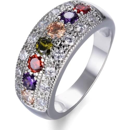 Womens Pink Stone Ring Crystal Round Zircon Ring Lovely Wedding Jewelry Silver Plated Love Engagement Ring Size Us5-9