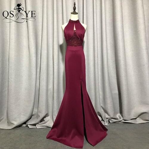 QSYYE Burgundy Halter Evening Dresses Mermaid Evening Gown Bead Waist Elegant Party Dress Cheap Elastic Formal Dresses Sexy Slit