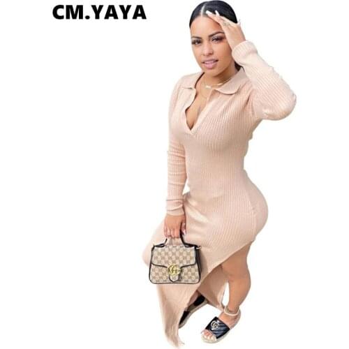 CM.YAYA Women Knitting Dress Solid Turn-down Collar Spltiped Dresses Sexy Fashion Long Vestidos Female Casualwear Autumn Outfits